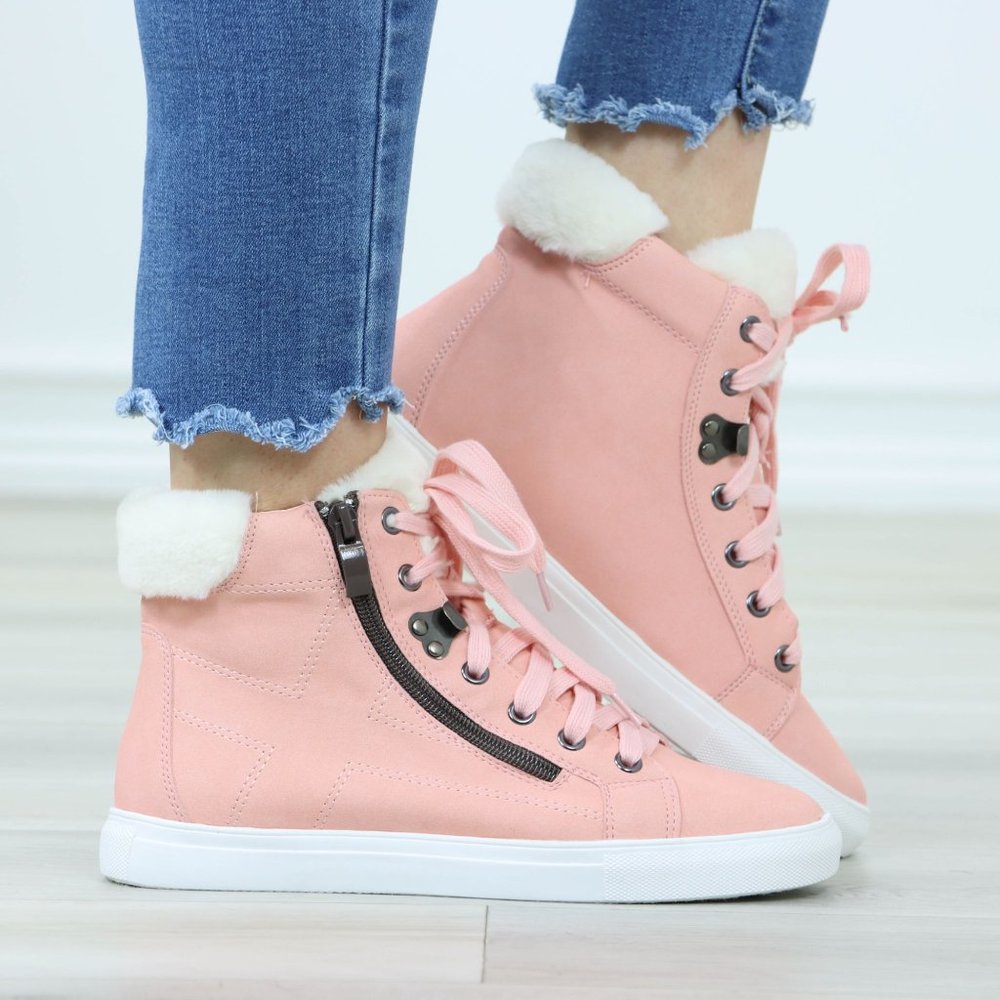 Pink Fashion High Tops Sneakers Shoes Fuzzy Ankle - Picture 2 of 11